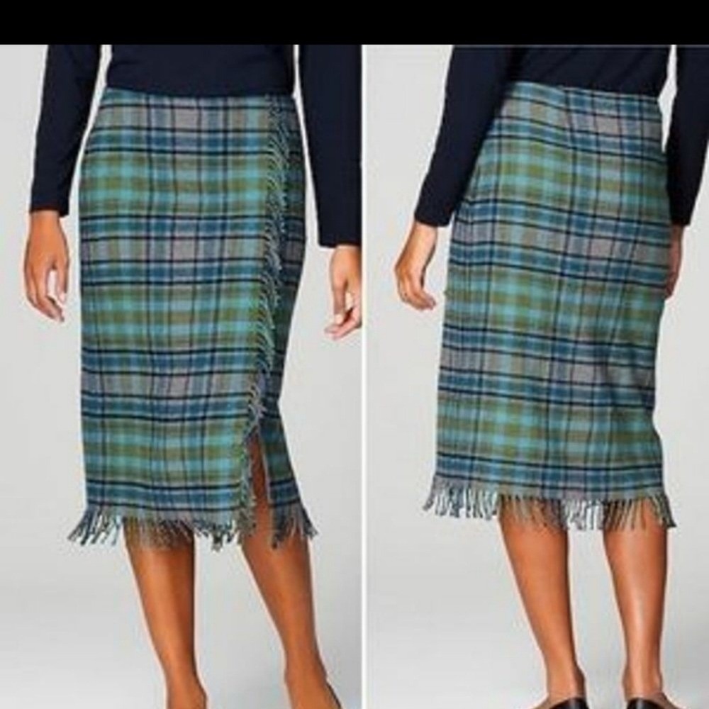 J JILL Blanket Wrap Pencil Skirt Plaid w/Fringe 14‎